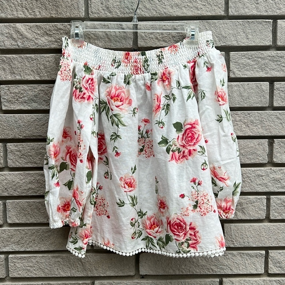 Zara Off Shoulder Smocked Neck Linen Blend Floral Blouse with Embroidery